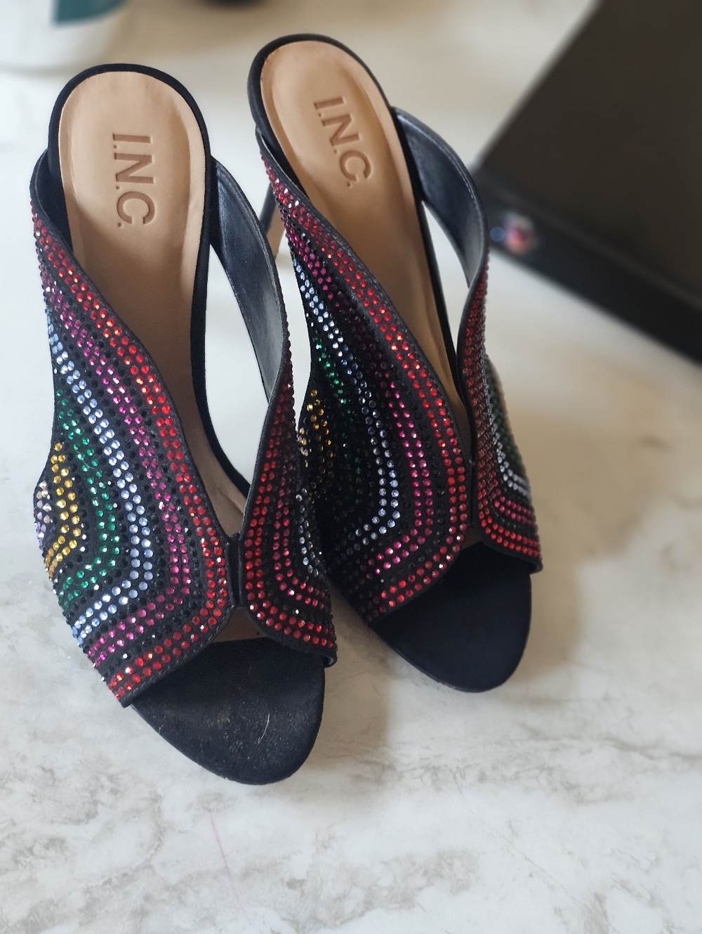 INC International Concepts Black Open-Toe Mule with Multicolor Rhinestones